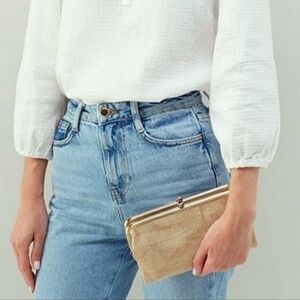 HOBO Lauren Clutch Bag Metallic Rose Gold Leather Wallet
